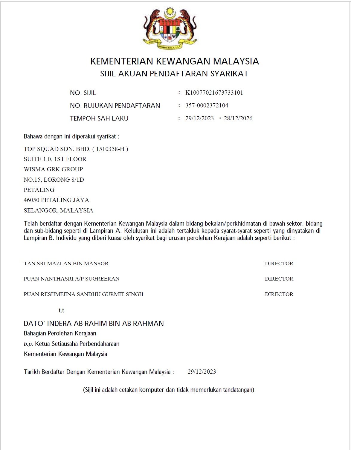 Sijil Akuan Pendaftaran Syarikat